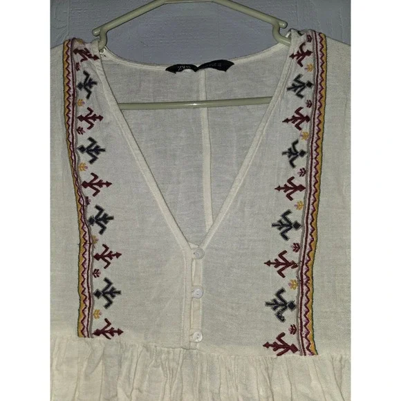 Zara Boho Embroidered White V-Neck Balloon Sleeve Mini Babydoll Dress XS - Picture 3 of 6